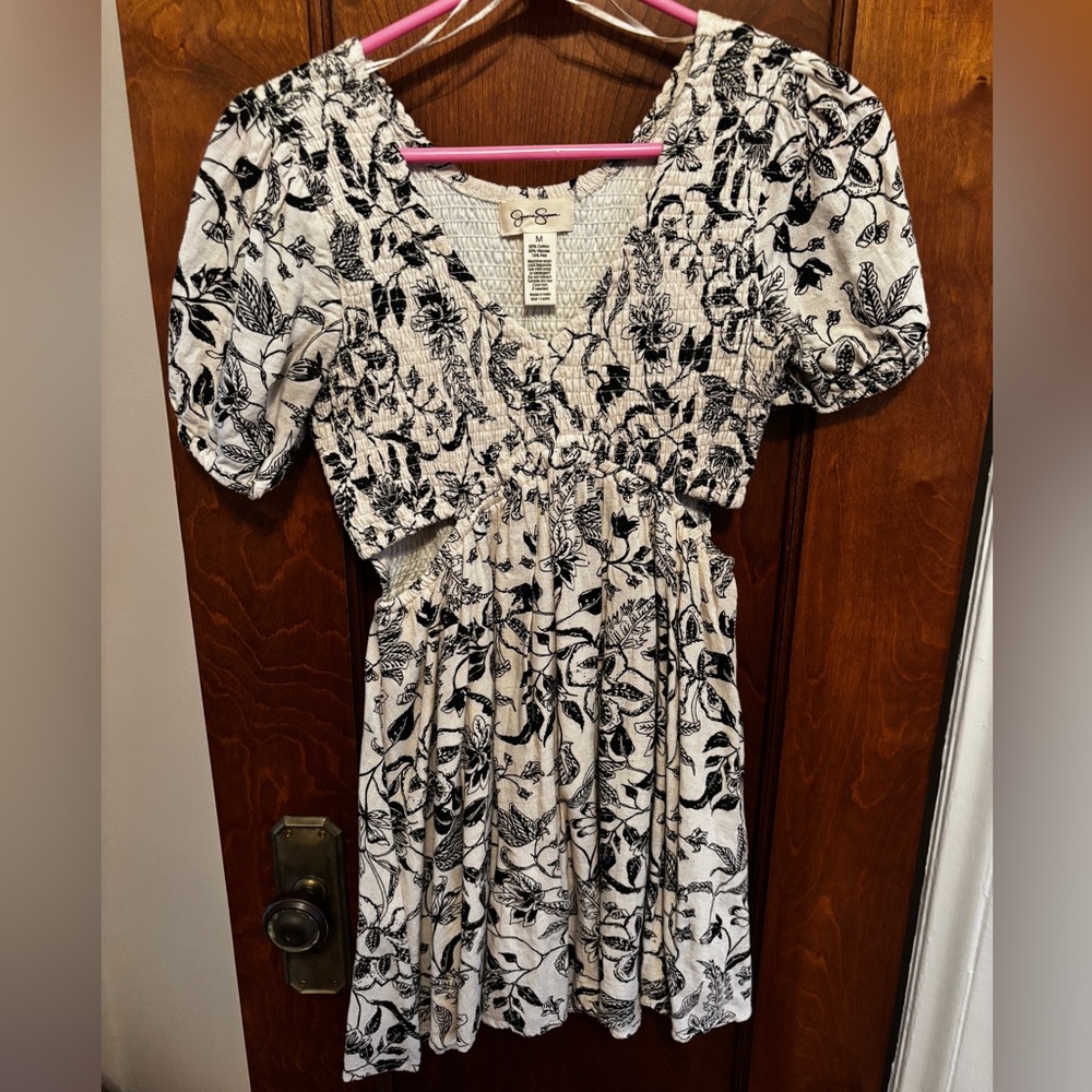 Jessica Simpson Black & White Floral Smocked Mini Dress with Puff Sleeves